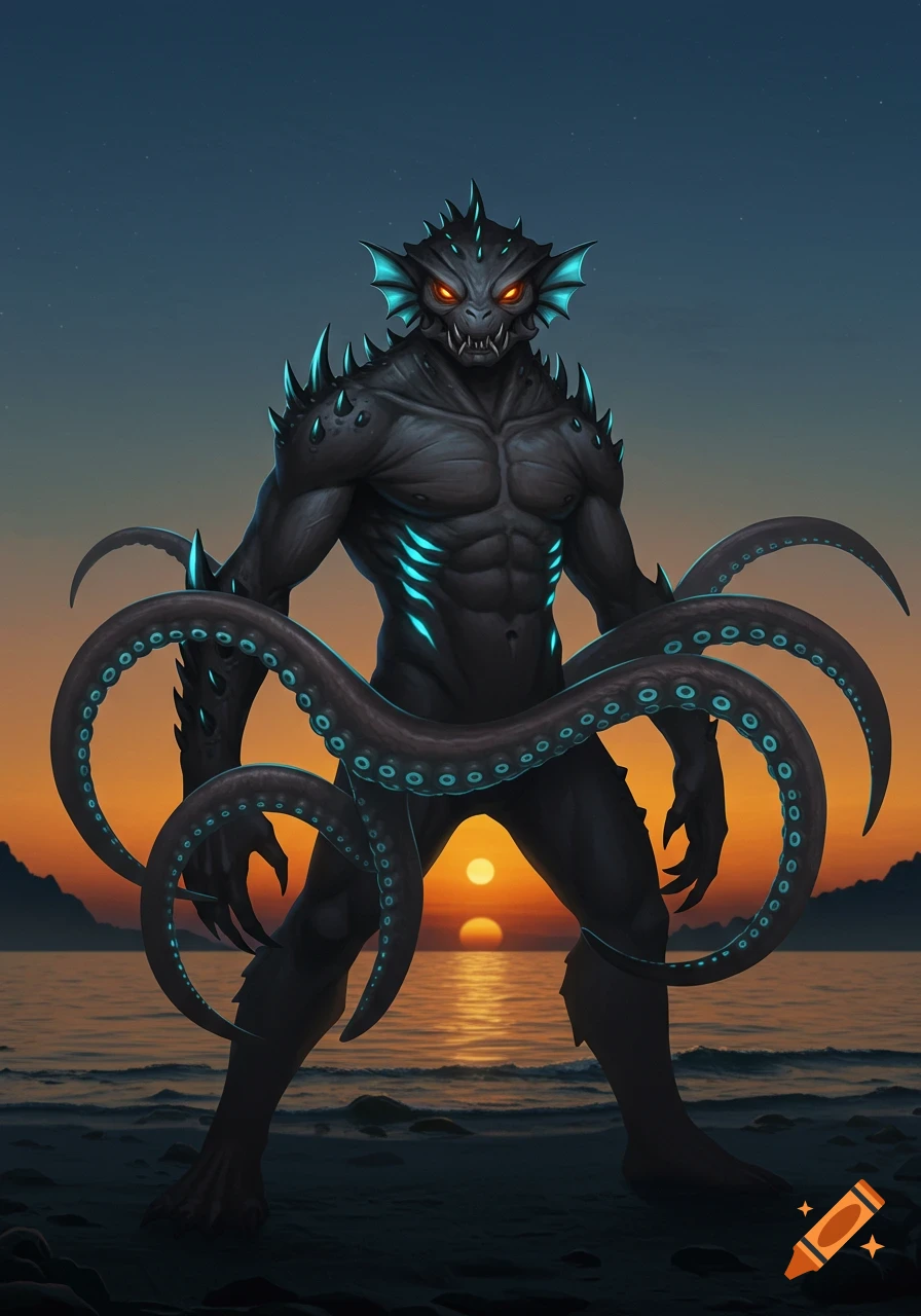 A dark, muscular, spiky humanoid sea monster with glowing red eyes and six tentacles stands on a beach at sunset with two suns.
