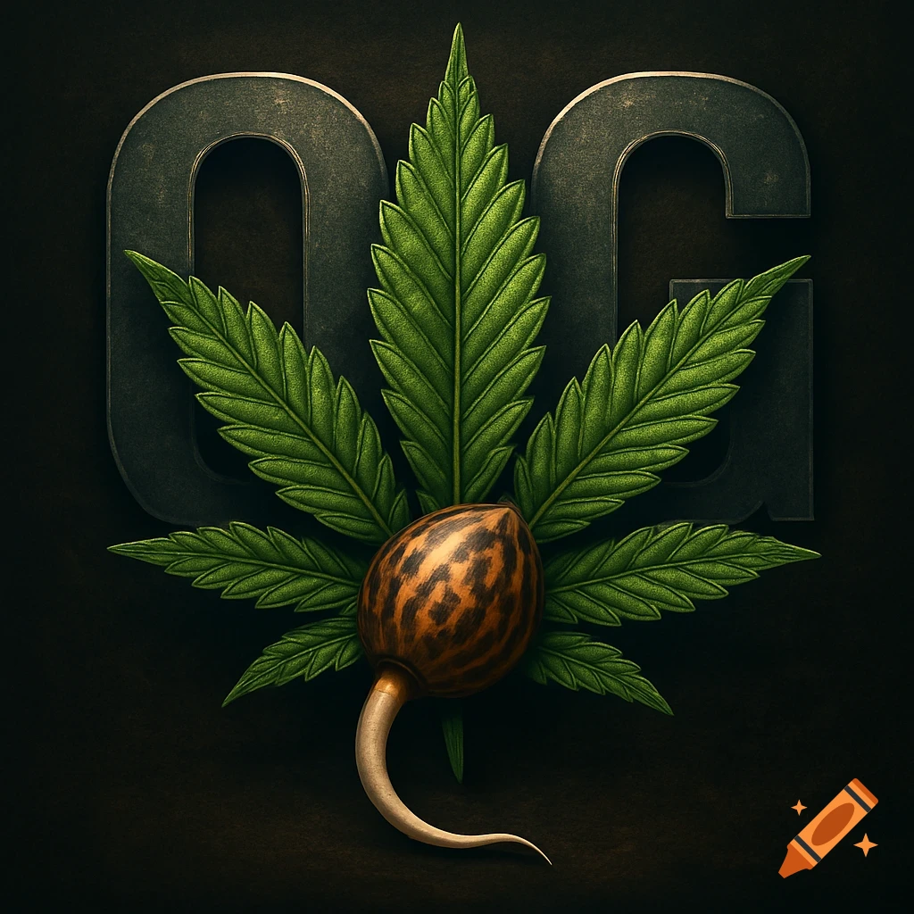 A close-up graphic of a vibrant green cannabis leaf with large, dark metallic 'OG' letters behind it, featuring a striped cannabis seed with a white tap root.