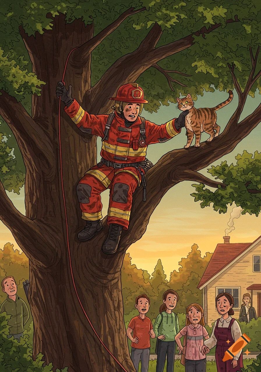 An illustration of a firefighter in a tree rescuing a tabby cat, while several adults and children watch from below near a house at sunset.