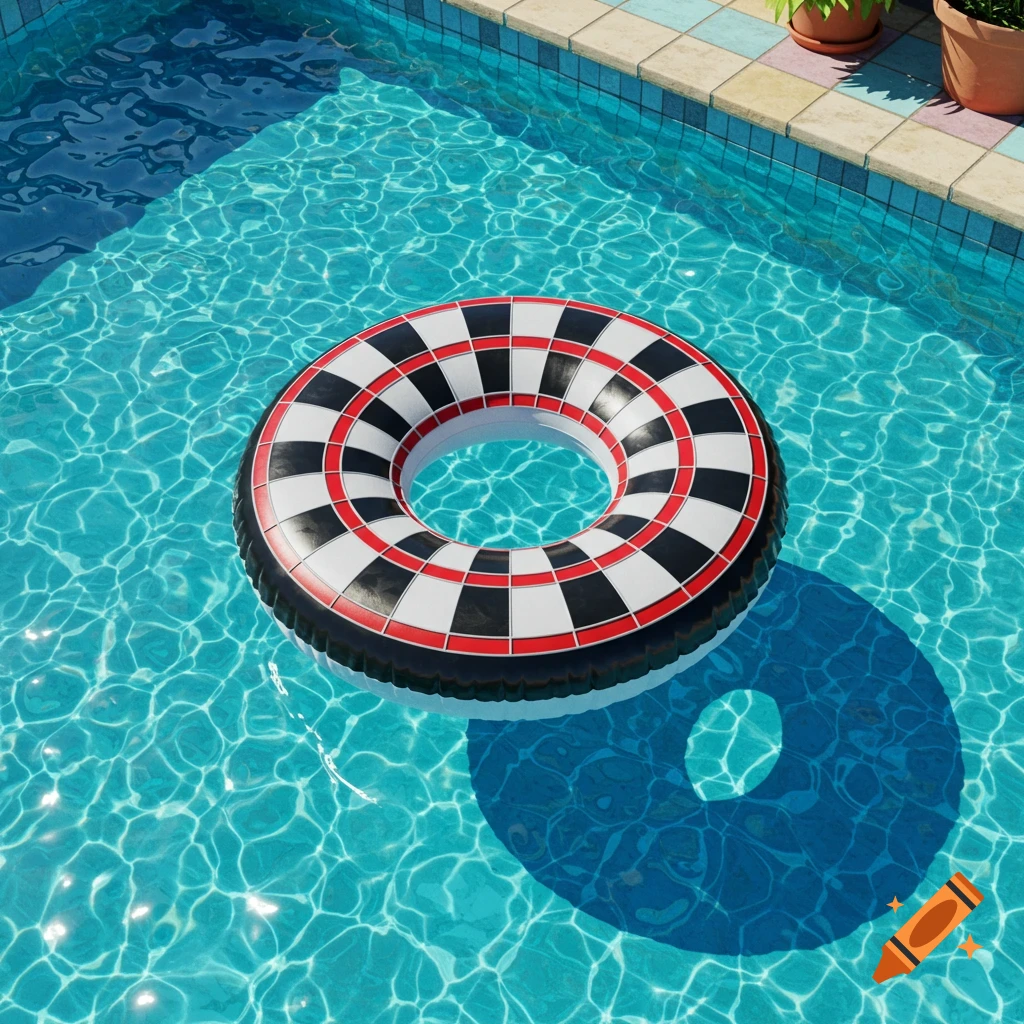 A black, white, and red dartboard-patterned swim ring floats in a sparkling blue swimming pool.