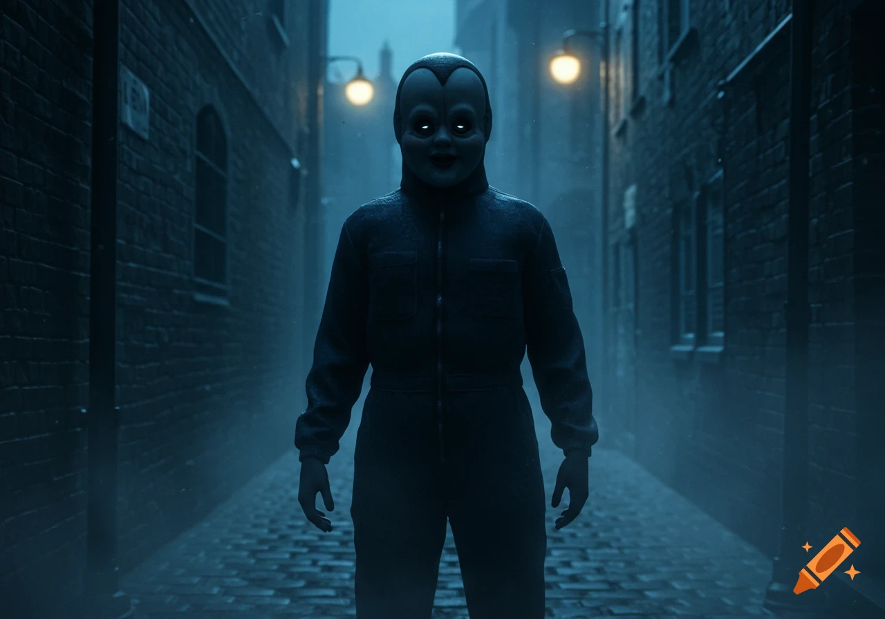 A creepy figure in a dark jumpsuit and a scary baby mask stands in a foggy, dimly lit alley at night.