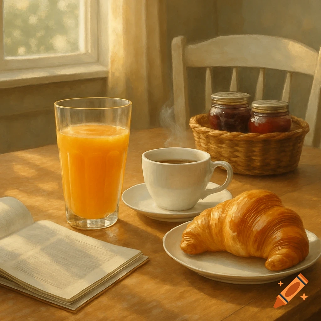 A painterly still life of a breakfast spread featuring orange juice, steaming coffee, a croissant, and jam jars by a window.
