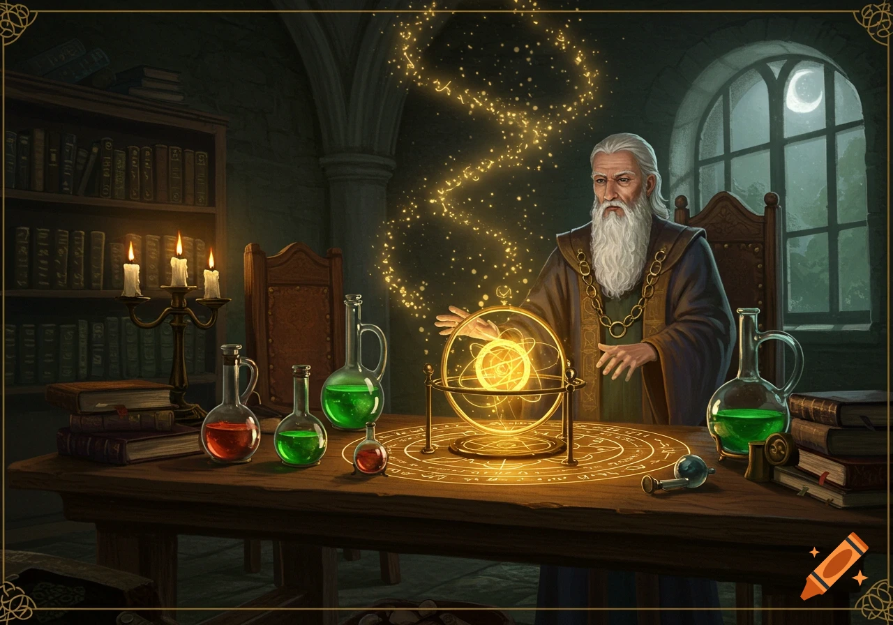 An old wizard with a long white beard in a dark, magical study, surrounded by glowing alchemical symbols, potions, and an orrery emitting golden sparks.