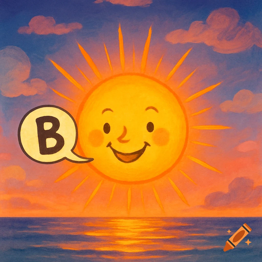 A smiling cartoon sun with a speech bubble saying 'B' against a colorful sunrise sky over the ocean in a painted style.