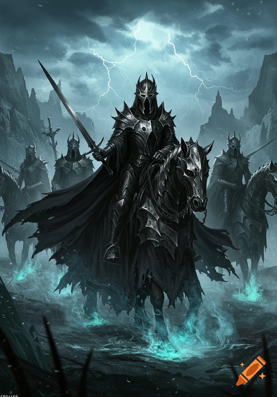 Several dark armored knights on horseback emerge from glowing mist under a stormy sky with lightning.