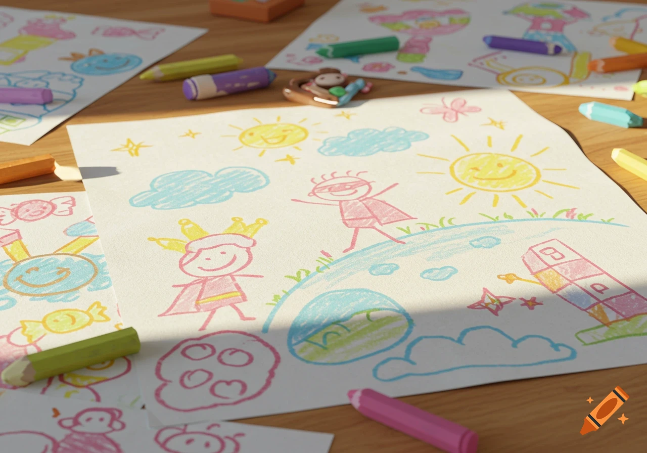 Close-up of colorful children's crayon drawings on paper with crayons on a wooden table, bathed in sunlight.