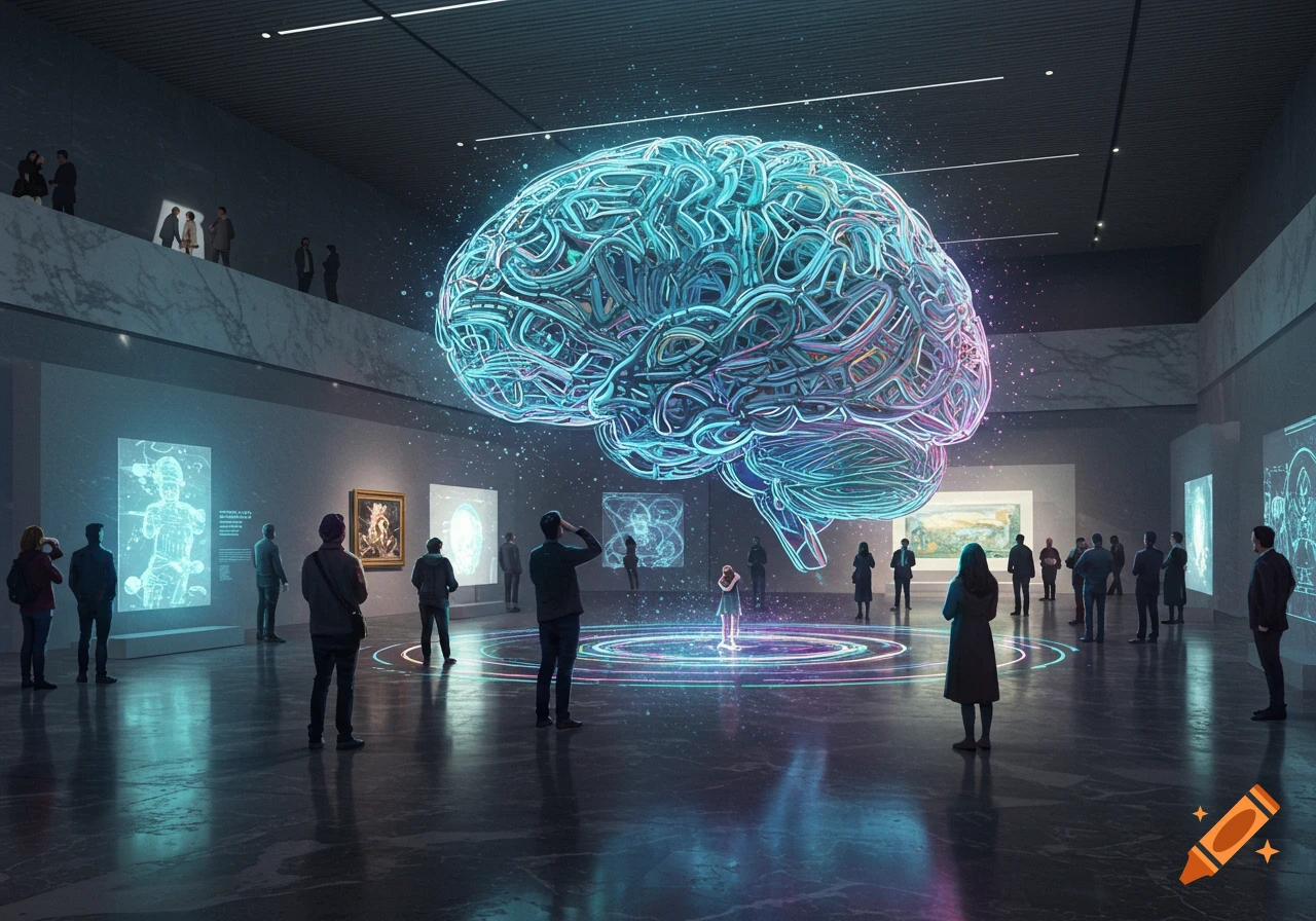 A glowing, wireframe-like brain sculpture floats in the center of a modern, dark museum hall, surrounded by visitors viewing exhibits.