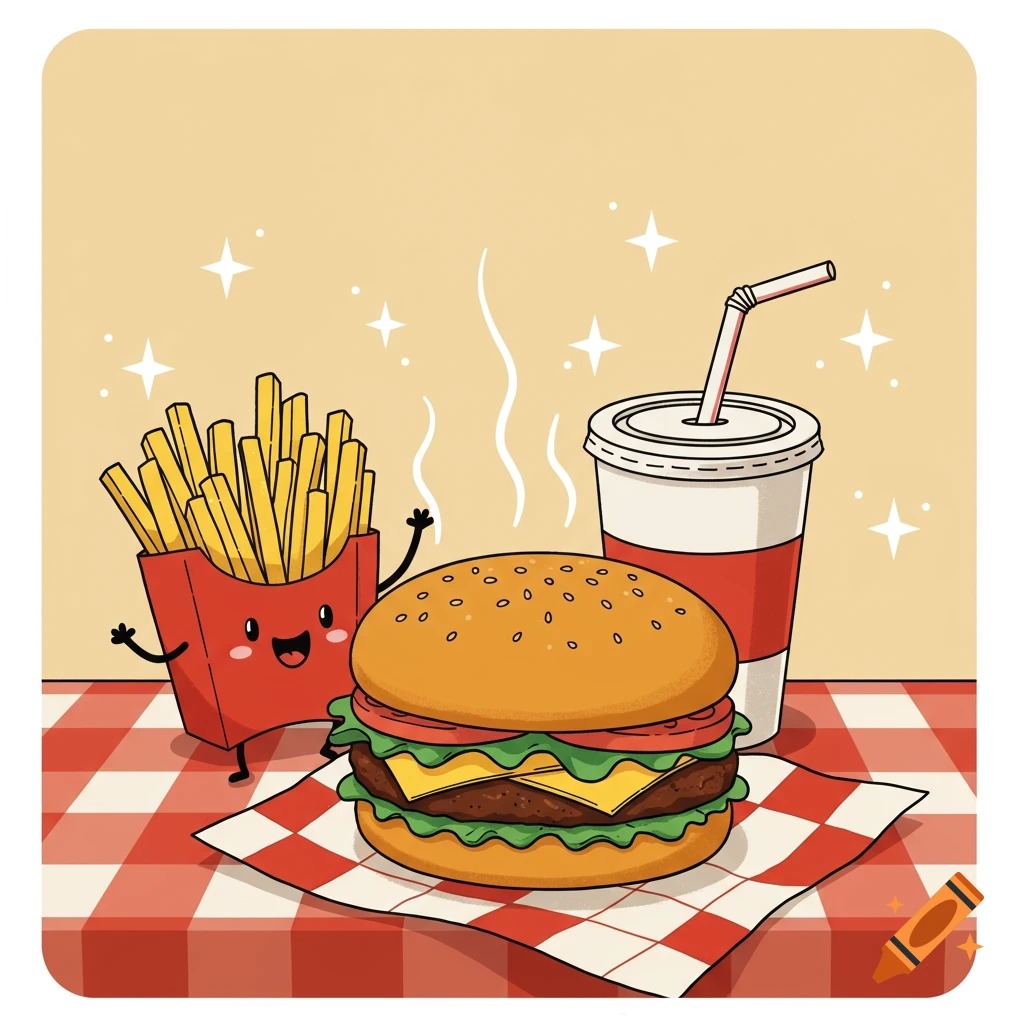 Cute comic illustration of a hamburger, soda, and happy fries on a checkered tablecloth with stars.