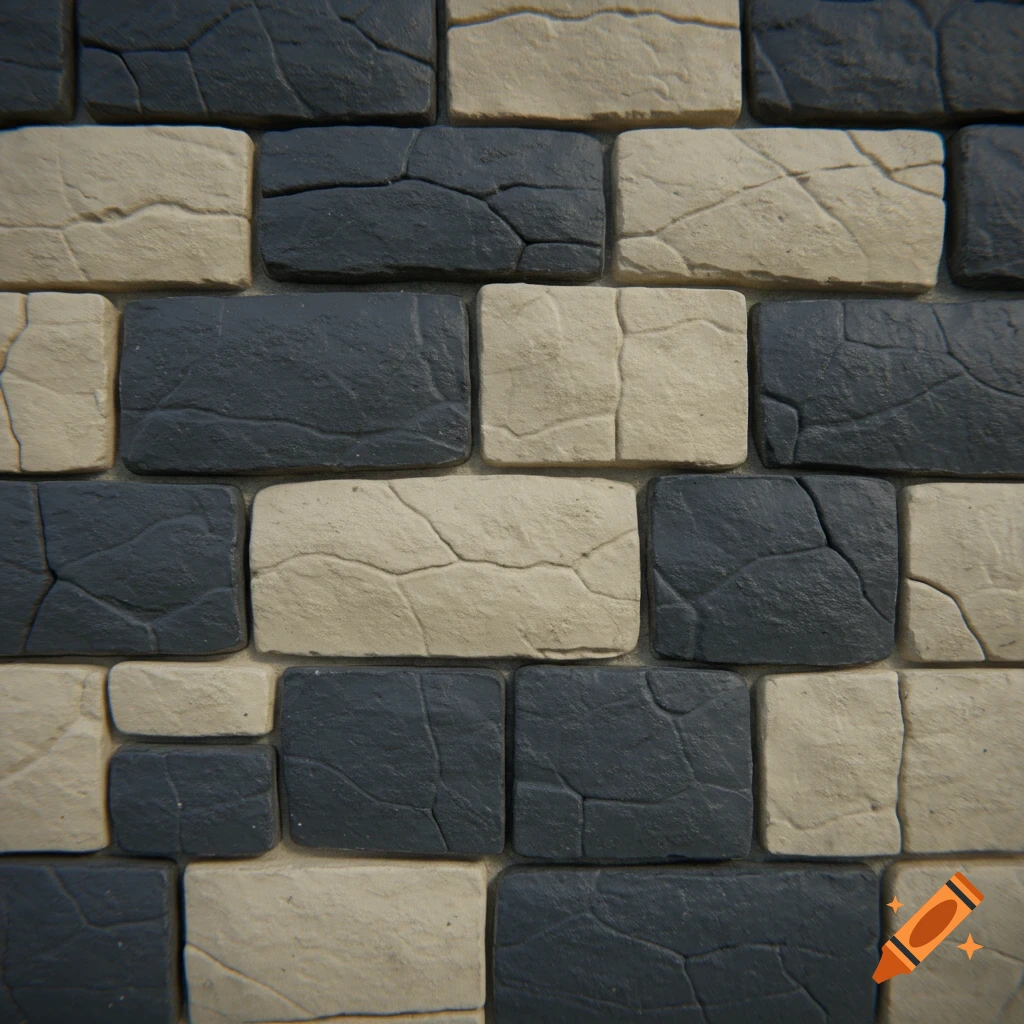 A close-up of a wall made of alternating dark grey and beige rectangular stone blocks with textured surfaces.