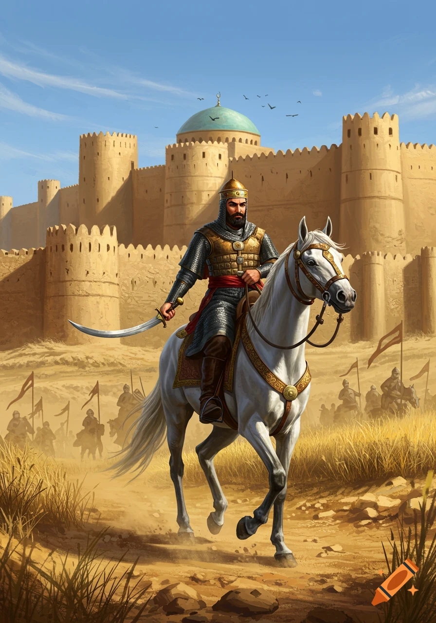 A bearded warrior in armor rides a white horse, holding a sword, in a desert landscape with a sand-colored castle and other warriors.