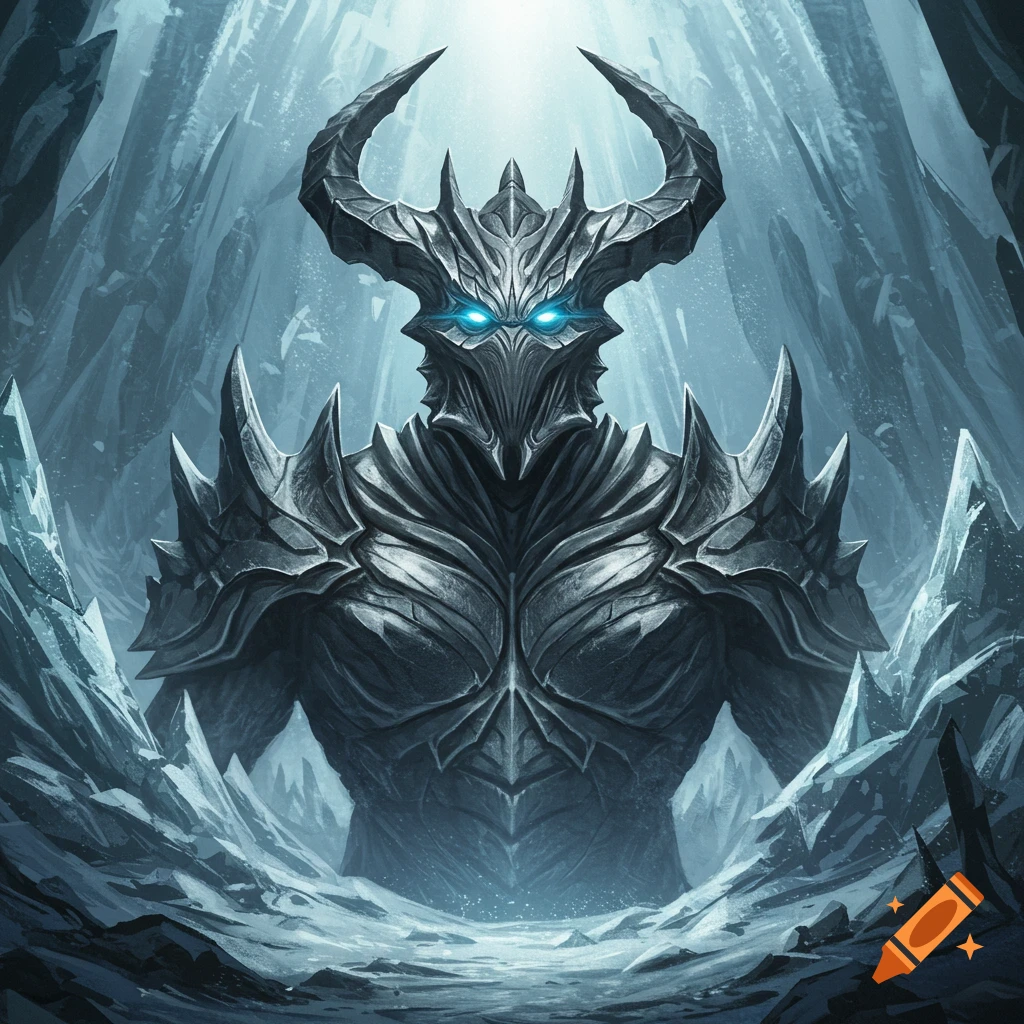 A formidable horned creature in dark, spiky armor with glowing blue ...