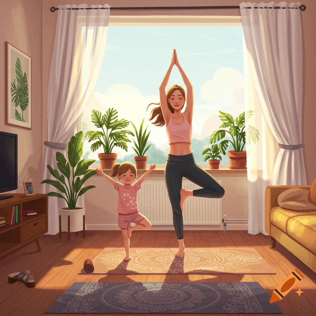 An illustration of a mother and child doing tree pose yoga together in a sunny living room filled with houseplants.