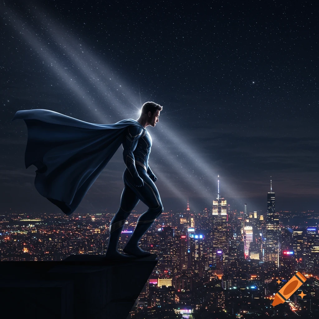 A superhero in a dark suit and flowing cape stands on a rooftop ...