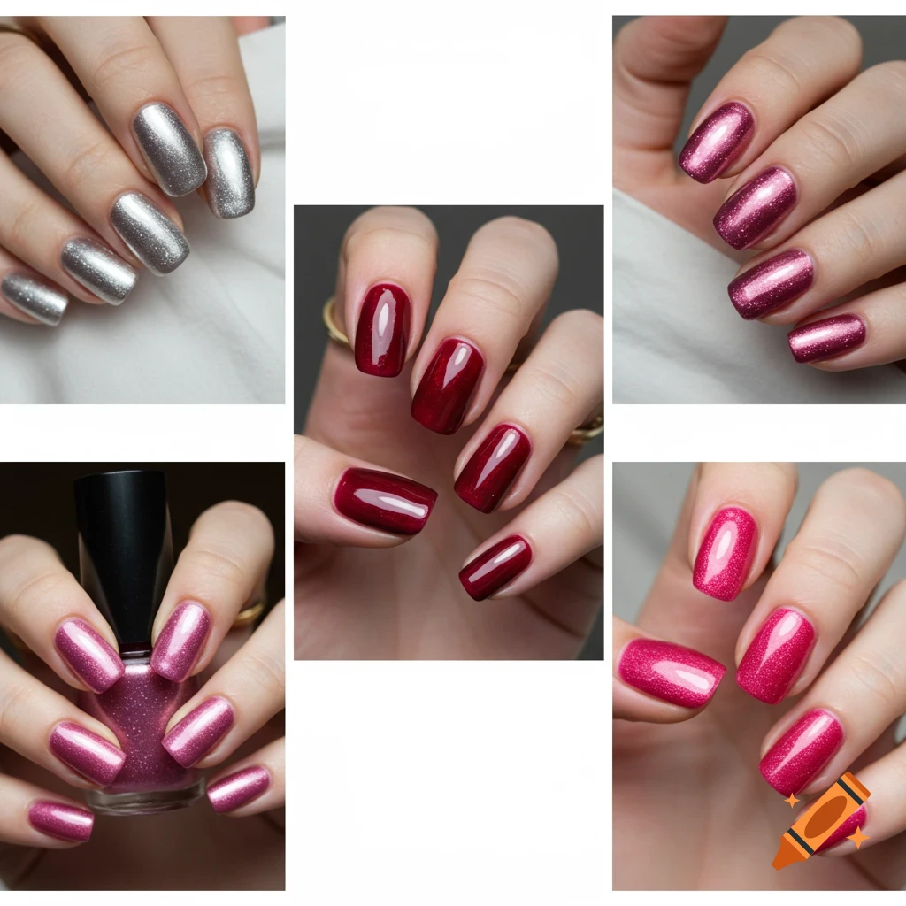 Collage of hands with various manicures: silver glitter, deep red, and pink glitter nails, one hand holding a pink nail polish bottle.