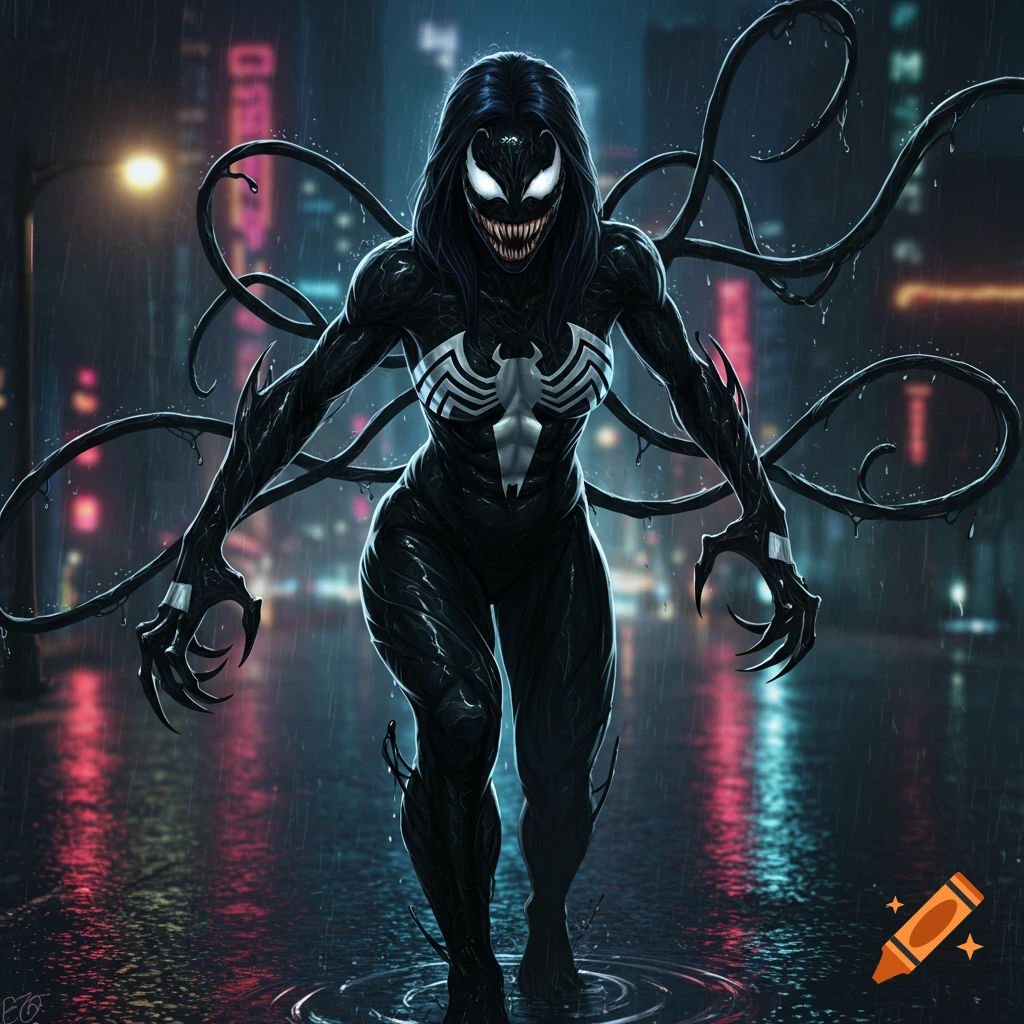 She-Venom, a black alien-suited superhero with white eyes and sharp teeth, walks menacingly on a rainy city street at night in a comic book art style.