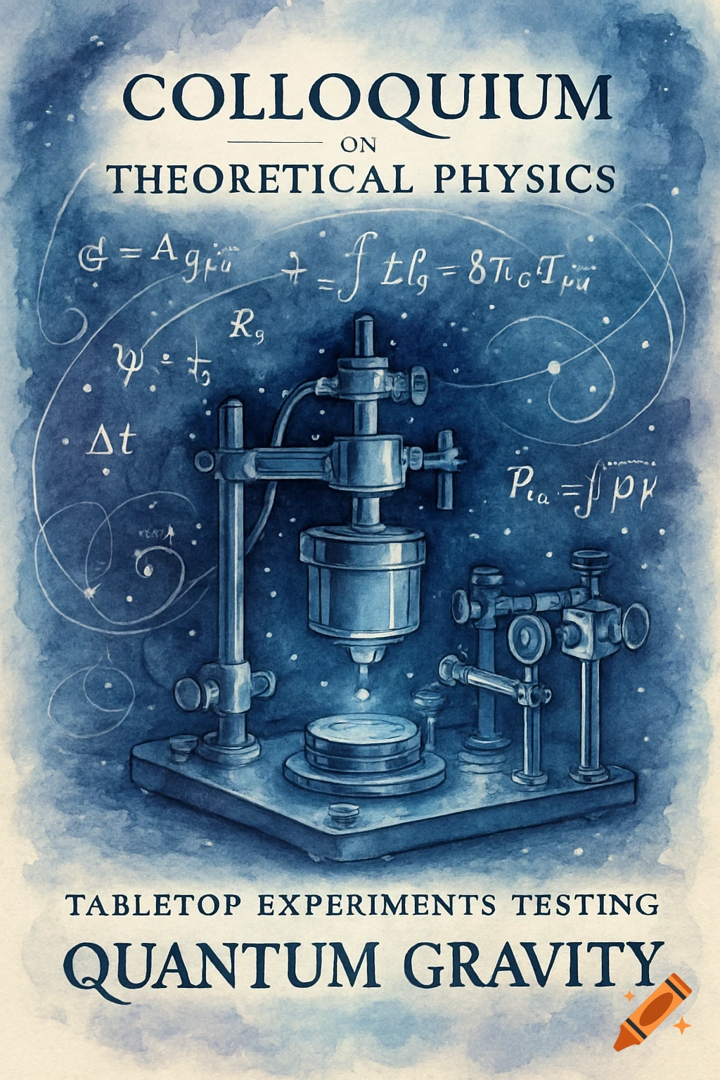 A watercolor illustration of a scientific poster for a theoretical physics colloquium, featuring a tabletop experiment and equations.
