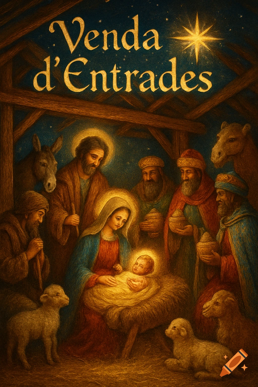 A classical painting of the nativity scene with Mary, Joseph, baby Jesus, the Three Wise Men, a donkey, camels, and lambs, under the text "Venda d’Entrades" and a star.