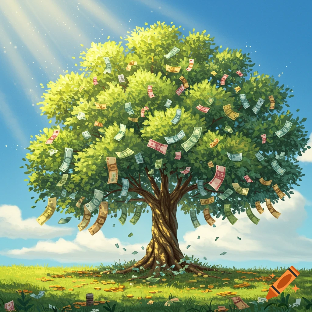 A vibrant illustration of a money tree with banknotes and coins falling from its branches onto a grassy field under a sunny blue sky.