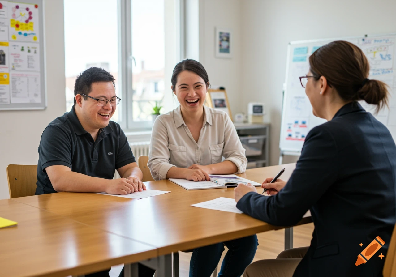Three people, including one with Down syndrome, smiling and laughing during a meeting at a wooden table in an office.
