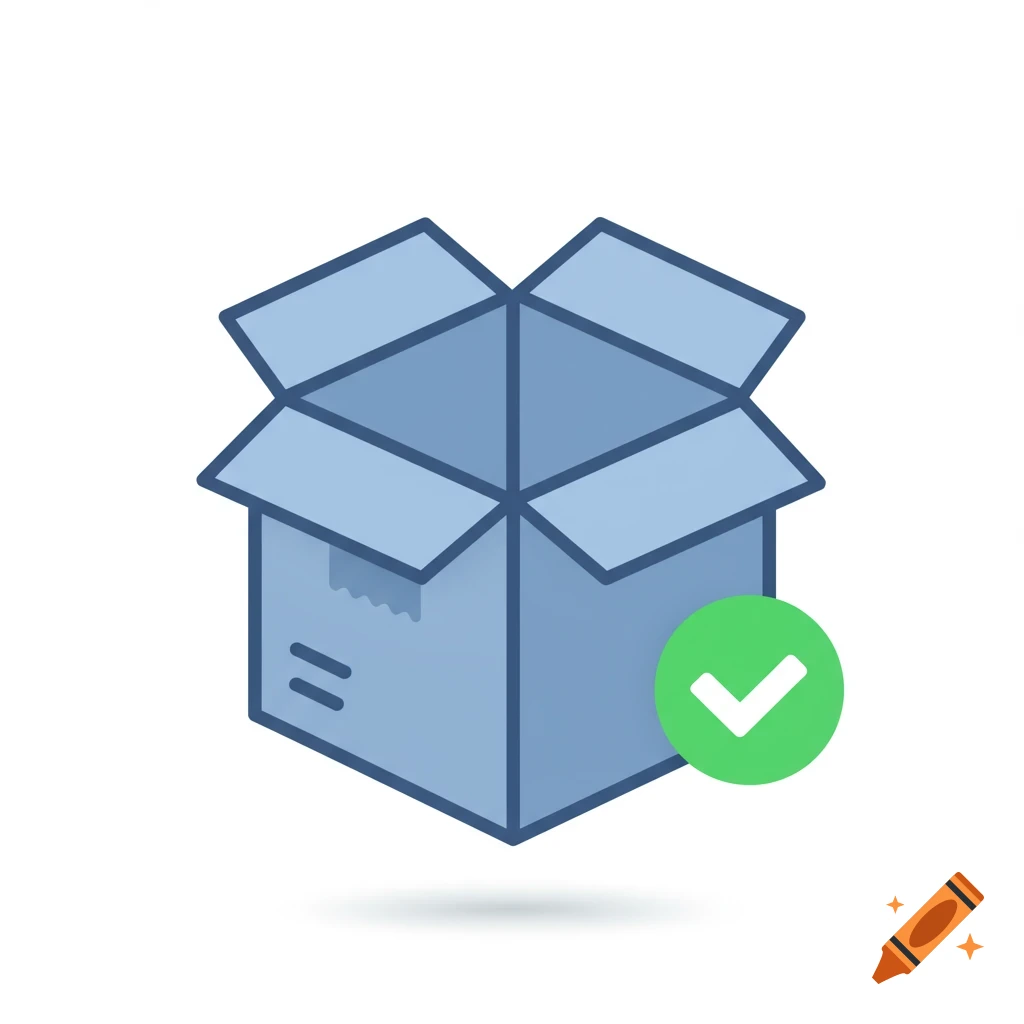 A stylized icon of an open cardboard box with a green checkmark next to it.
