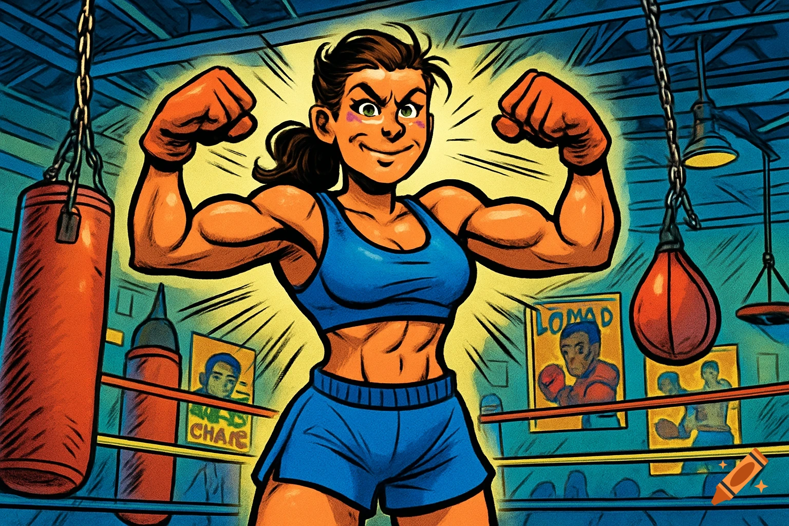 A cartoon female boxer with a determined expression flexes her muscular arms in a gym, with punching bags and posters in the background.