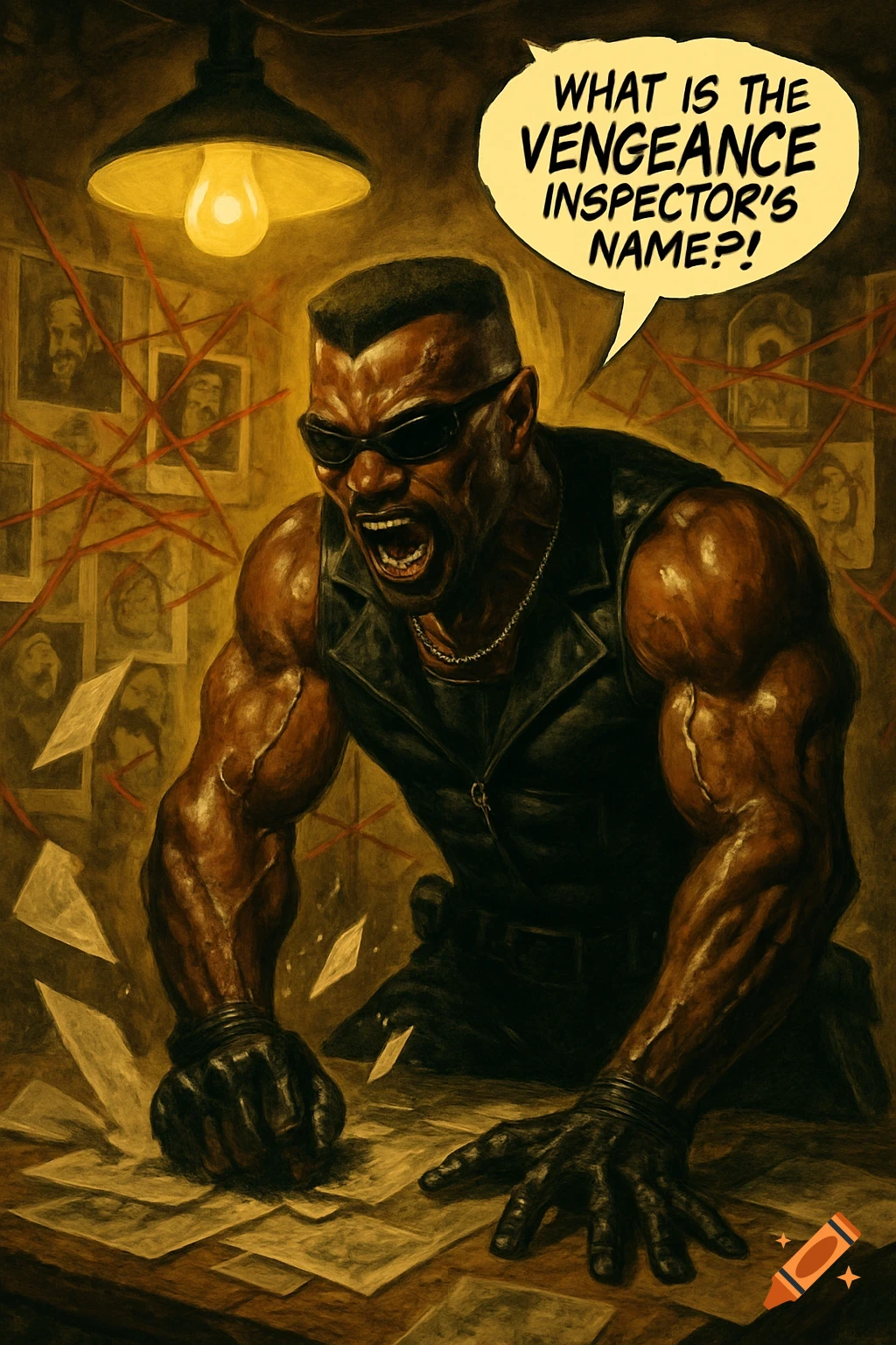 An angry, sweating Blade from Marvel Comics pounds a table in a room filled with conspiracy photos, in a comic book art style.