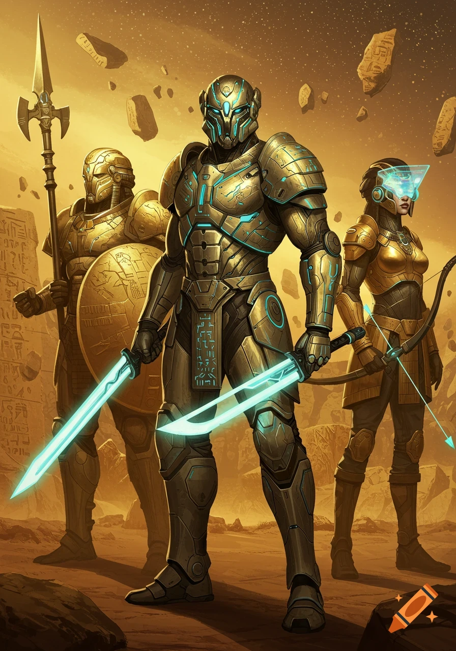 Three heavily armored futuristic warriors with glowing weapons stand in a desert-like landscape with floating ancient ruins.