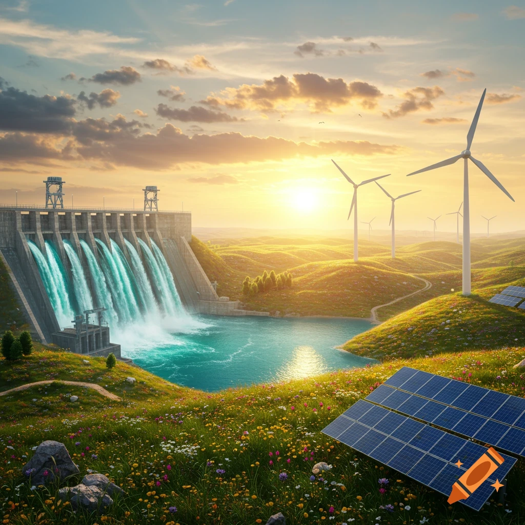 A scenic view of a dam with flowing water, wind turbines, and solar panels in a green, hilly landscape at sunset.