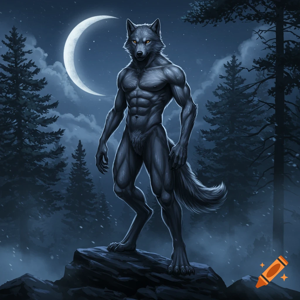 A muscular, bipedal werewolf stands on a rocky outcrop under a bright crescent moon in a dark, snowy forest.