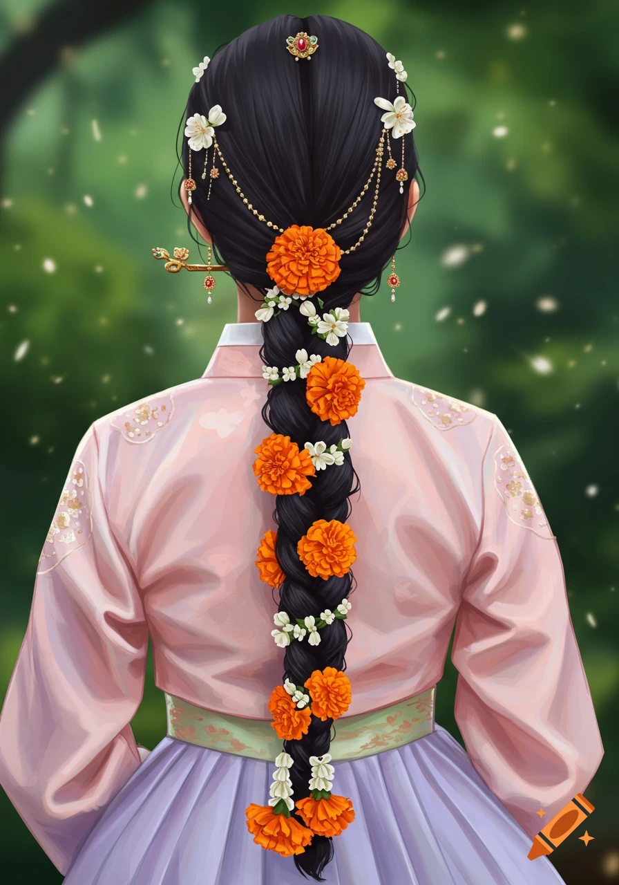 Back view of a woman with long, dark braided hair adorned with orange and white flowers and gold jewelry, wearing a pink Hanbok over a light purple skirt, against a blurred green background.