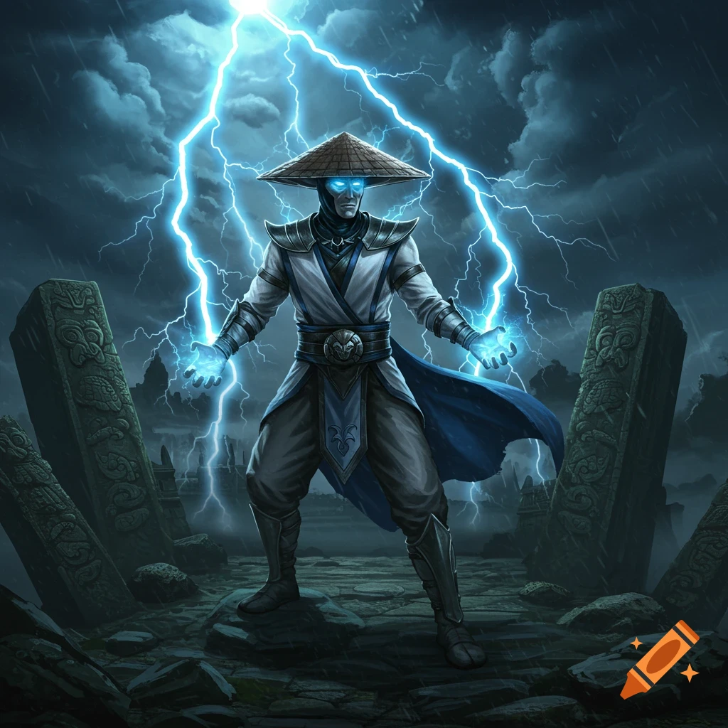 Raiden, a warrior in a conical hat, generates blue lightning amidst a stormy, ruined landscape.