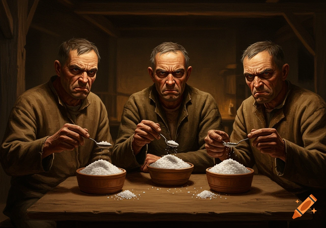 Three angry men in an oil painting style, each holding a spoon of salt over a wooden bowl of salt in a dark, rustic setting.