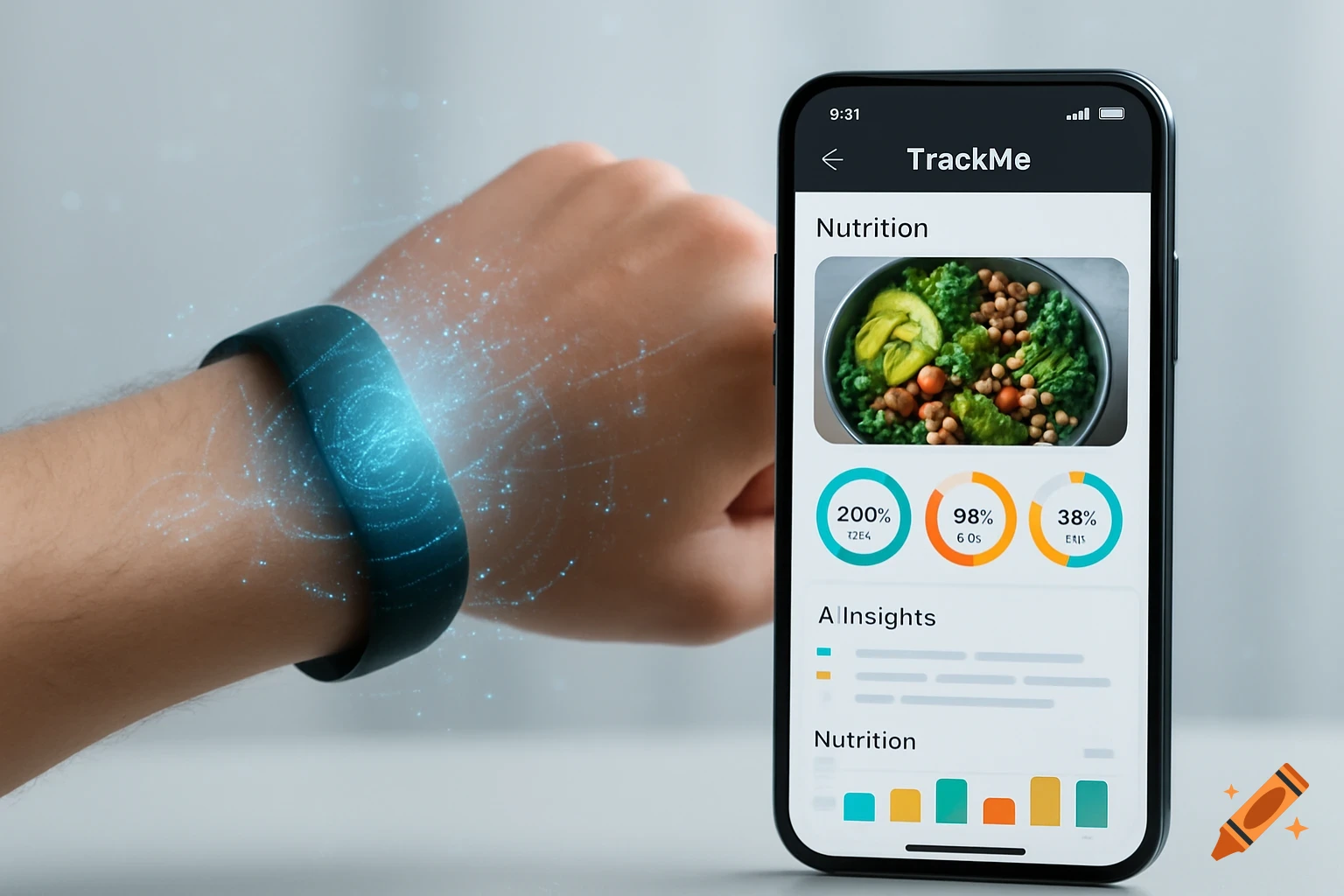 A person's wrist wearing a glowing, futuristic fitness tracker next to a smartphone displaying a nutrition tracking app with charts and food images.