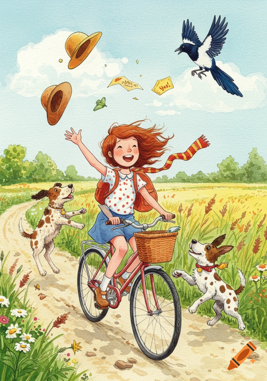 A happy red-haired girl with a red backpack rides a bike on a dirt path, smiling with her arms outstretched, as two brown and white spotted dogs run alongside. Hats and papers float in the air, with a magpie flying above, all in a whimsical watercolor style.