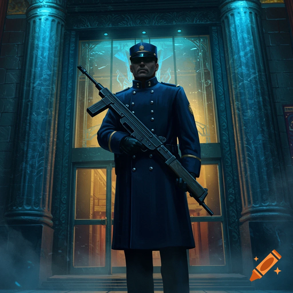 A serious doorman in a dark blue uniform holds an Uzi submachine gun in front of a grand, glowing blue building entrance.