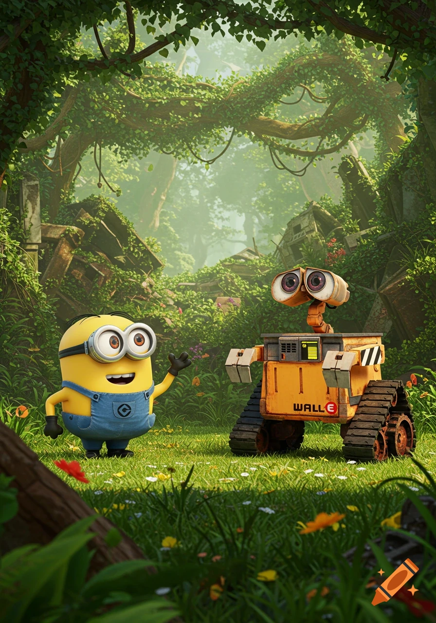 A smiling Minion waves to WALL-E in a vibrant, overgrown forest with ancient ruins, 3D animated style.
