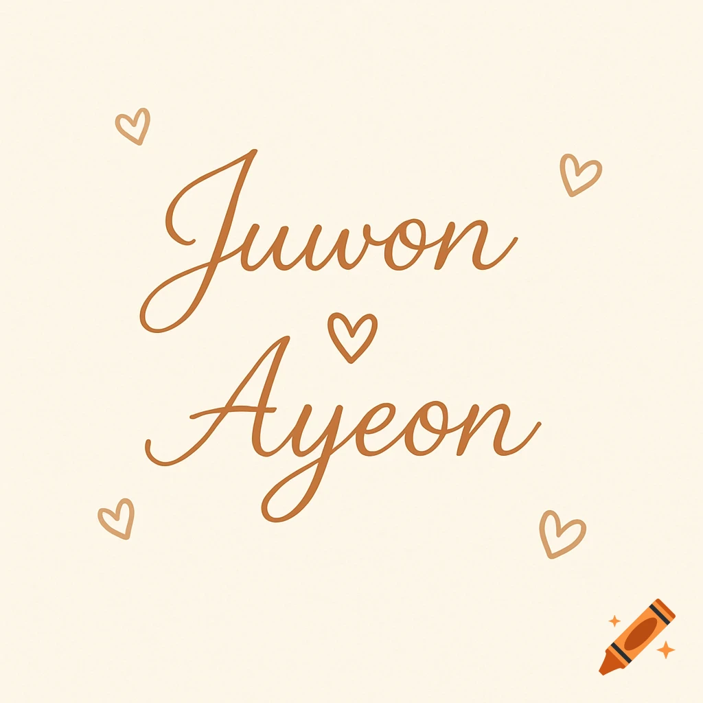 Elegant cursive text "Juwon Ayeon" with small heart accents on a warm ivory background.