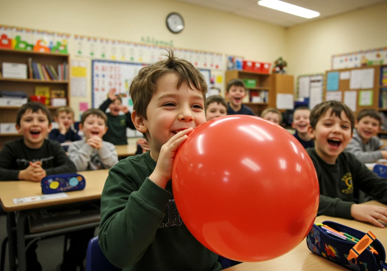 A boy blows a red balloon in a classroom as other joyful boys laugh in the background, photorealistic style.