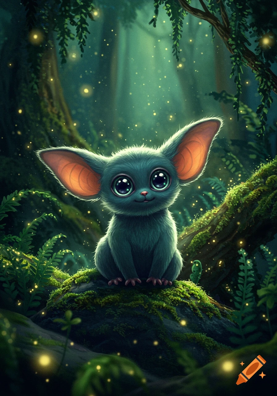 A cute, big-eyed, grey-blue furry creature with large ears sits on moss in a magical forest with glowing fireflies.