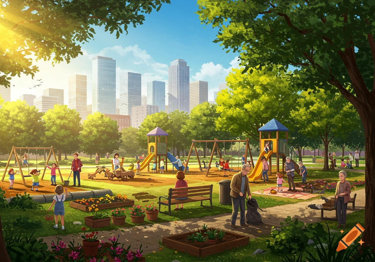 A vibrant illustration of a city park with children playing, adults gardening, picnicking, and urban buildings in the background.