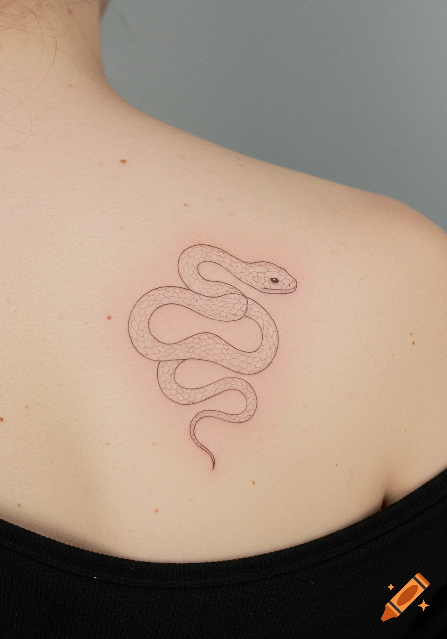 A delicate minimalist outline tattoo of a snake on a person's back shoulder.
