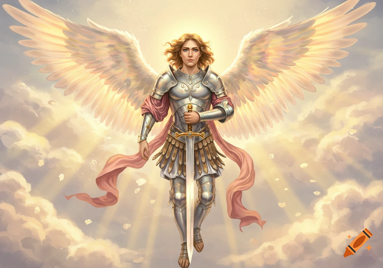 An archangel in shining armor with large white wings, holding a sword, floats among sunlit clouds.