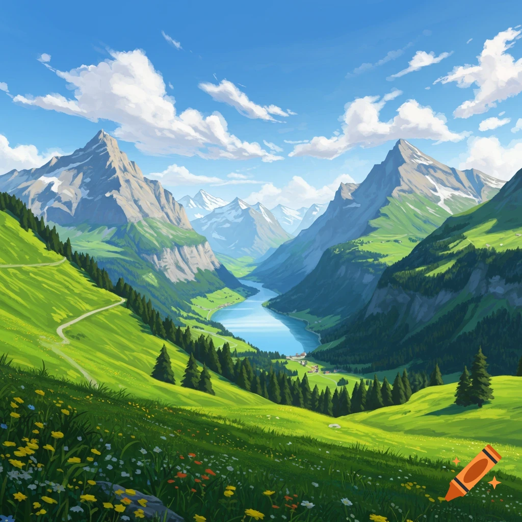 Vibrant anime-style landscape of a lush valley, a blue lake, and towering snow-capped mountains under a clear sky.