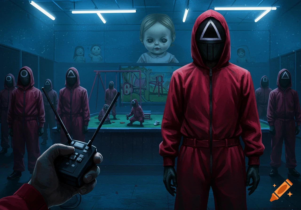 A group of masked figures in red jumpsuits, one holding a radio, stand in a dark, blue-lit room with a giant doll and playground in the background.