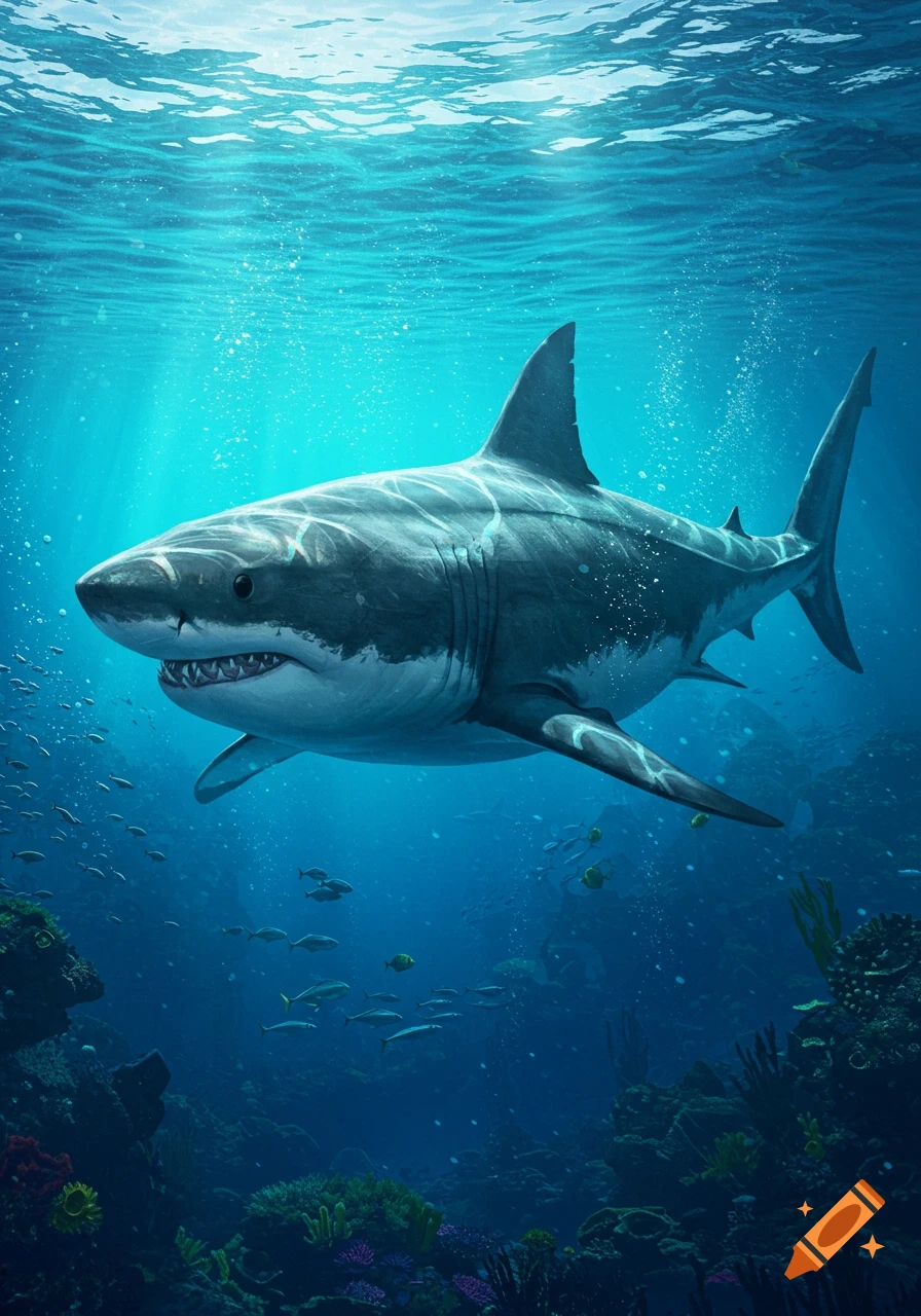 A photorealistic great white shark swims in a vibrant blue ocean over a coral reef with small fish.