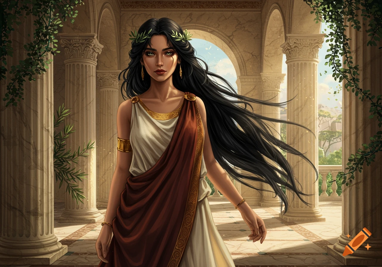 A woman with long black hair and a leaf wreath, wearing a white and red toga, stands in an ancient Roman arcade.