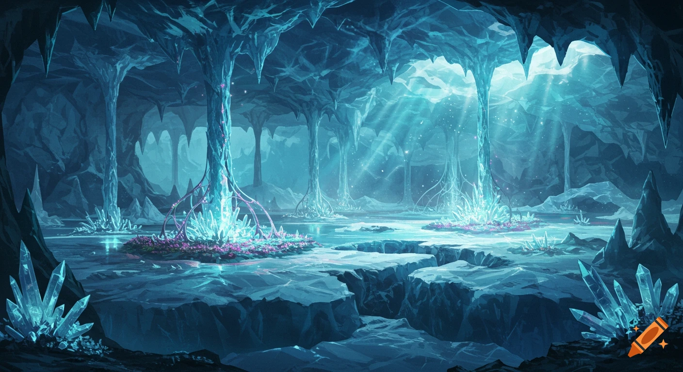 A stunning fantasy ice cave with glowing blue and purple crystals, illuminated by ethereal light beams, featuring calm water and intricate rock formations.