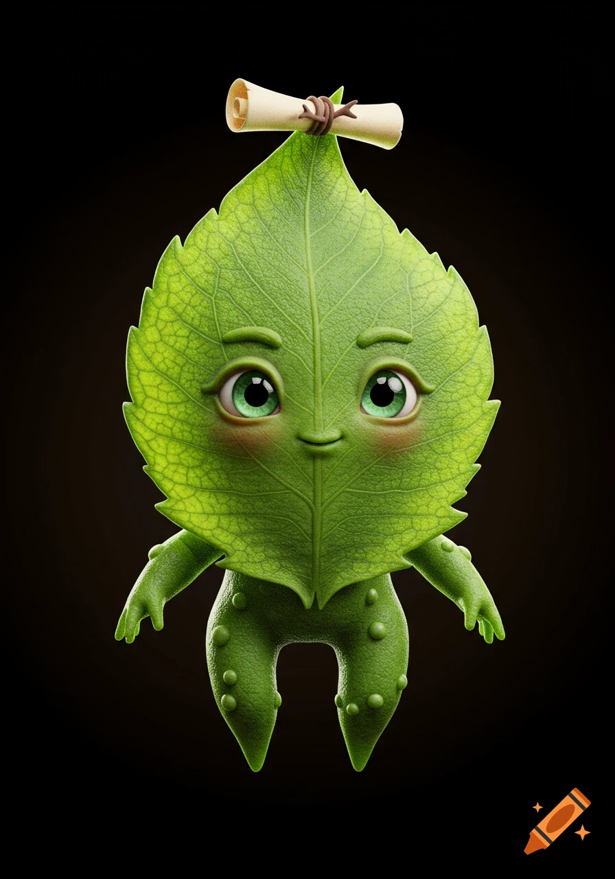 A semi-realistic 3D rendering of a cute anthropomorphic green leaf creature with big eyes, a smile, and a small scroll on its head.