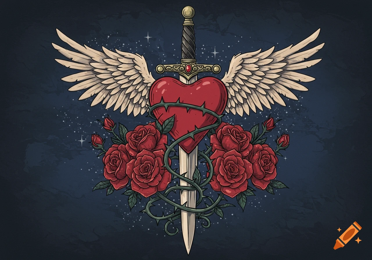 Vintage tattoo style illustration of a winged heart pierced by a sword, entwined with thorny vines and surrounded by red roses on a dark background.