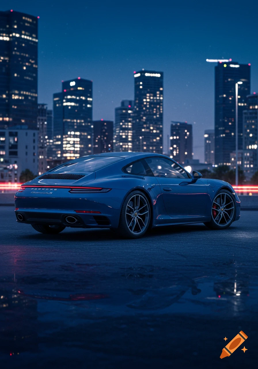 Blue Porsche Carrera S on a wet city street at night, with illuminated skyscrapers reflecting in puddles. Photorealistic.